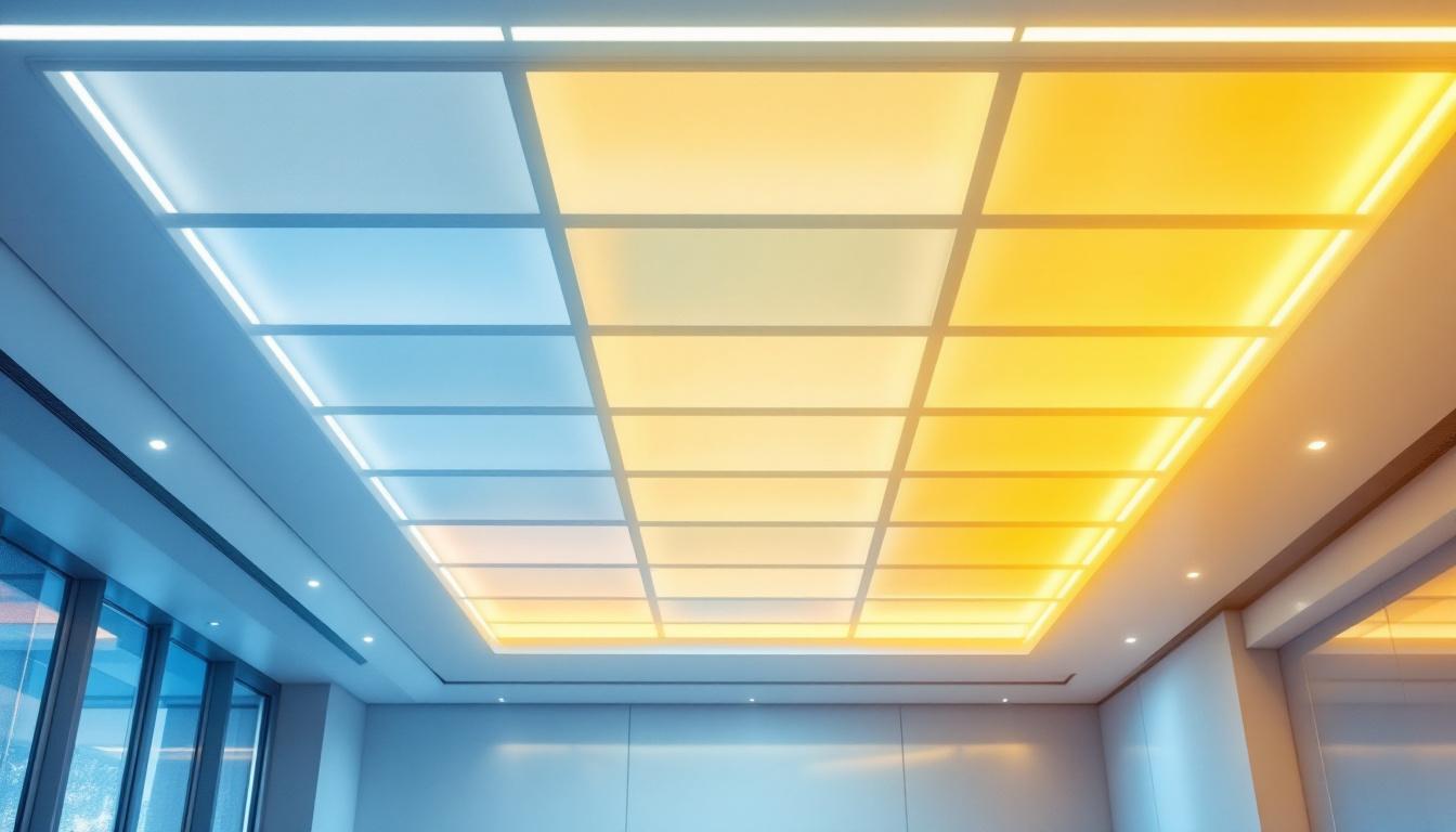 A photograph of a modern light panel ceiling installation in a sleek