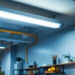 A photograph of a well-lit indoor space showcasing a 2-foot fluorescent light fixture installed overhead