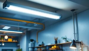 A photograph of a well-lit indoor space showcasing a 2-foot fluorescent light fixture installed overhead