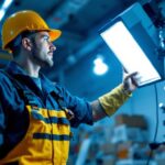 A photograph of a lighting contractor in action