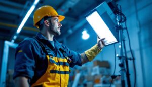 A photograph of a lighting contractor in action