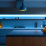A photograph of a lighting contractor installing led island lights on a modern kitchen island