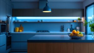 A photograph of a lighting contractor installing led island lights on a modern kitchen island