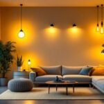 A photograph of a beautifully lit living room showcasing a variety of stylish light fixtures