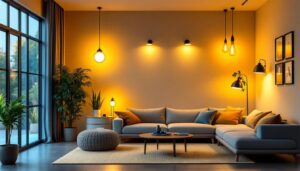 A photograph of a beautifully lit living room showcasing a variety of stylish light fixtures
