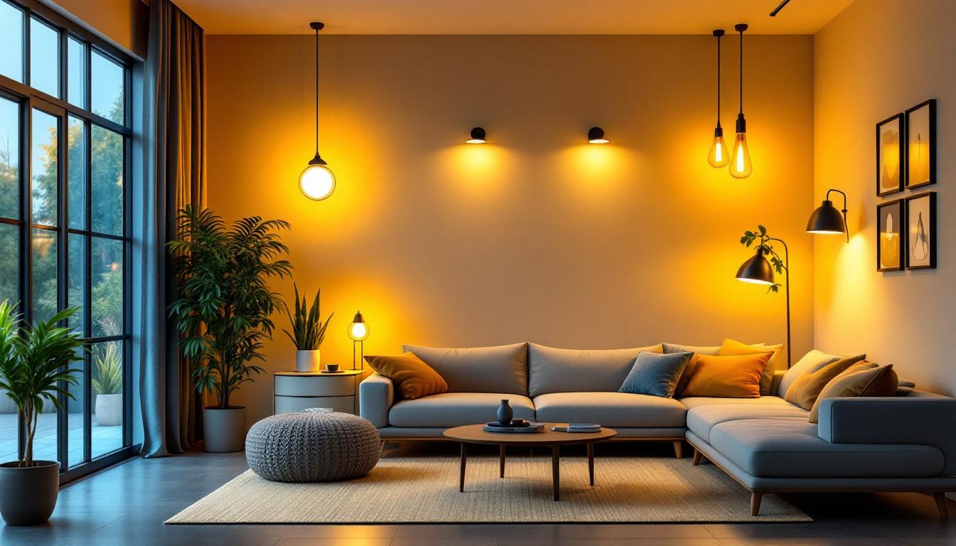 A photograph of a beautifully lit living room showcasing a variety of stylish light fixtures