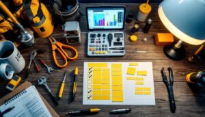 A photograph of a well-organized lighting contractor's workspace