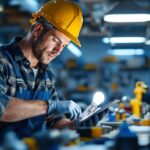 A photograph of a lighting contractor examining a high lumen