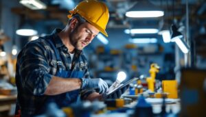 A photograph of a lighting contractor examining a high lumen
