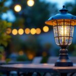 A photograph of a beautifully designed outdoor plastic light fixture illuminating a garden or patio setting at dusk