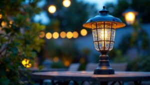 A photograph of a beautifully designed outdoor plastic light fixture illuminating a garden or patio setting at dusk