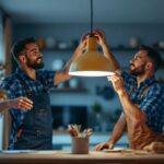 A photograph of a lighting contractor skillfully installing a hanging light fixture in a stylish interior setting