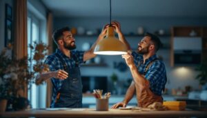 A photograph of a lighting contractor skillfully installing a hanging light fixture in a stylish interior setting