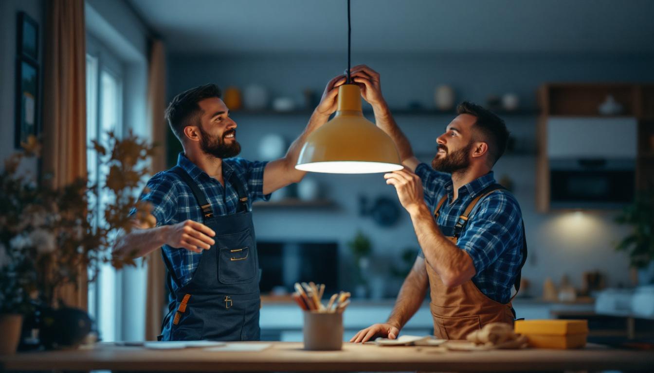A photograph of a lighting contractor skillfully installing a hanging light fixture in a stylish interior setting