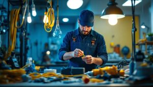 A photograph of a lighting contractor skillfully working with various types of electric cords and lighting fixtures in a well-lit environment