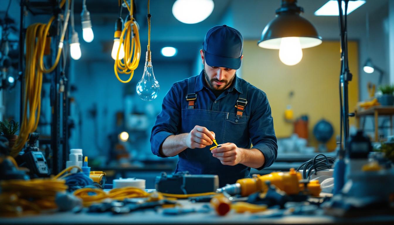 A photograph of a lighting contractor skillfully working with various types of electric cords and lighting fixtures in a well-lit environment