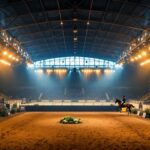 A photograph of a well-designed riding arena showcasing riders and horses in action