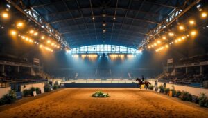 A photograph of a well-designed riding arena showcasing riders and horses in action