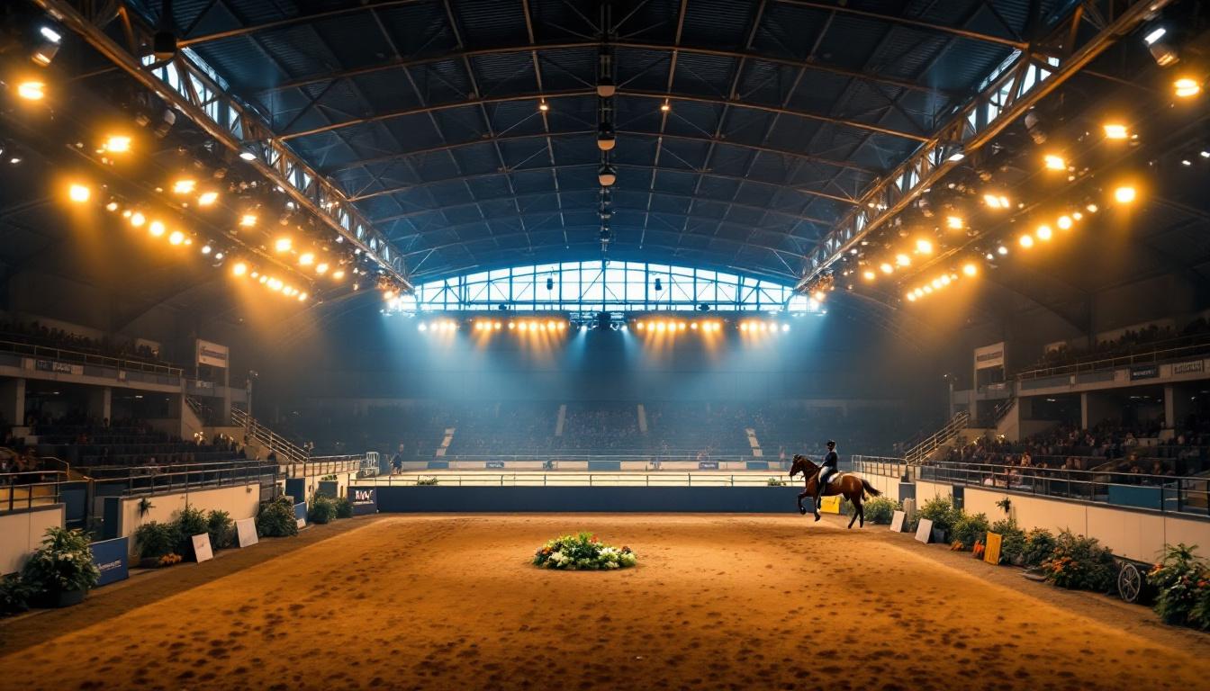 A photograph of a well-designed riding arena showcasing riders and horses in action