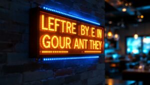A photograph of a brightly lit small led sign displaying an eye-catching message in a well-designed commercial setting