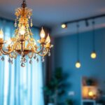 A photograph of a beautifully designed indoor chandelier hanging in a stylishly lit room