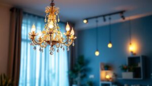A photograph of a beautifully designed indoor chandelier hanging in a stylishly lit room