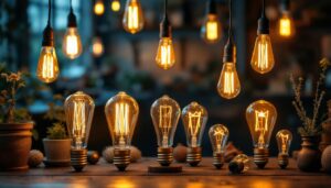 A photograph of a beautifully arranged display of vintage light bulbs in a warm