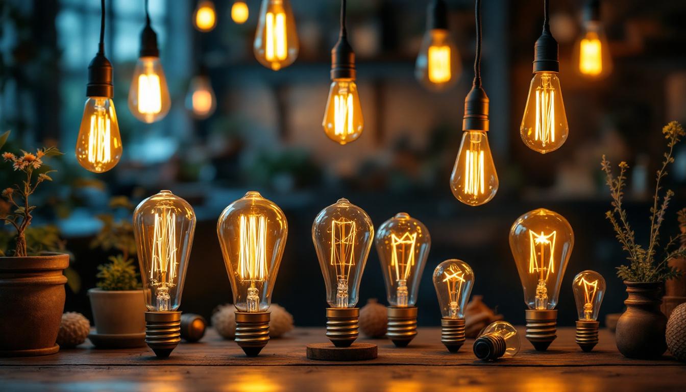 A photograph of a beautifully arranged display of vintage light bulbs in a warm