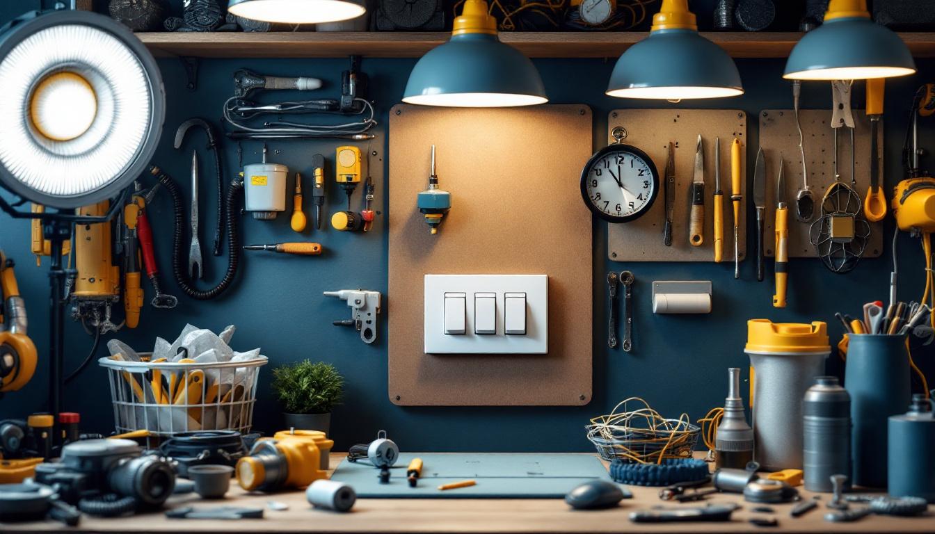 A photograph of a well-organized lighting contractor's workspace featuring a triple rocker switch prominently displayed among tools