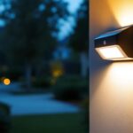 A photograph of a well-lit outdoor scene featuring an electric motion sensor light in action