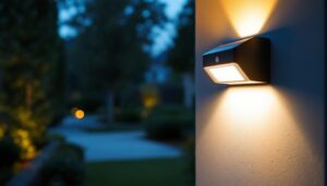 A photograph of a well-lit outdoor scene featuring an electric motion sensor light in action