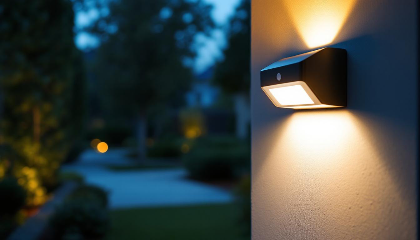 A photograph of a well-lit outdoor scene featuring an electric motion sensor light in action