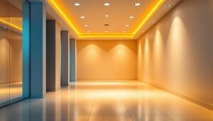 A photograph of a well-lit indoor space featuring motion recessed lights in action