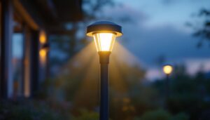 A photograph of a well-designed light sensor lamp post in an outdoor setting