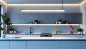 A photograph of a modern kitchen featuring a sleek 4ft led light fixture installed above a stylish island or countertop