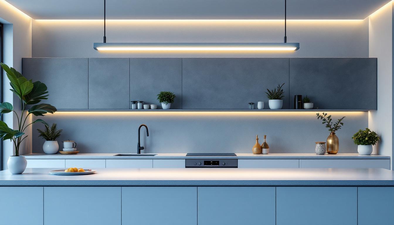A photograph of a modern kitchen featuring a sleek 4ft led light fixture installed above a stylish island or countertop