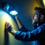 A photograph of a lighting contractor inspecting or installing an emergency light with battery backup in a dimly lit environment