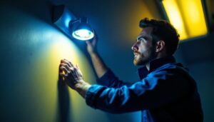 A photograph of a lighting contractor inspecting or installing an emergency light with battery backup in a dimly lit environment