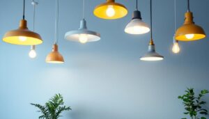 A photograph of a well-lit interior space showcasing various styles of hanging lights