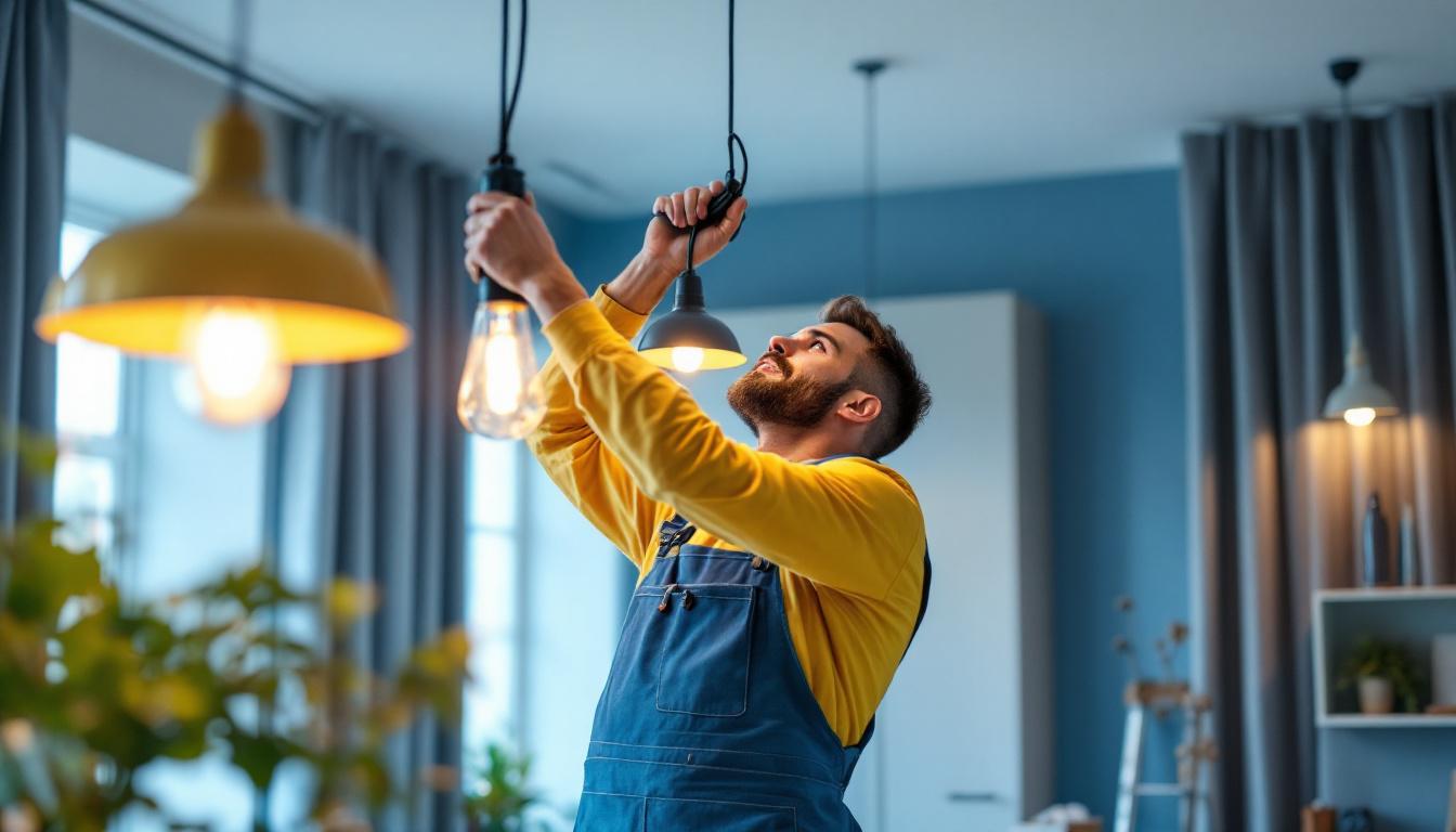 A photograph of a skilled lighting contractor installing low-hanging lights in a stylish interior setting