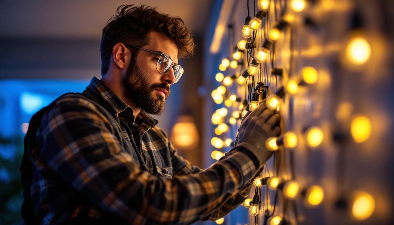 A photograph of a lighting contractor expertly installing corn led bulbs in a modern residential or commercial setting