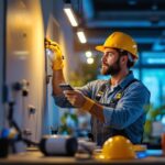 A photograph of a lighting contractor expertly installing innovative lighting solutions in a modern workspace
