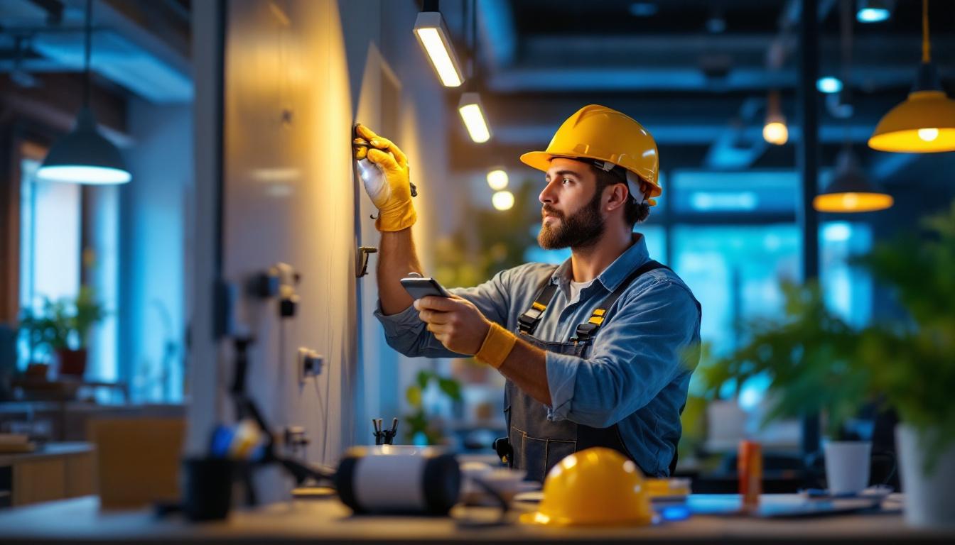 A photograph of a lighting contractor expertly installing innovative lighting solutions in a modern workspace