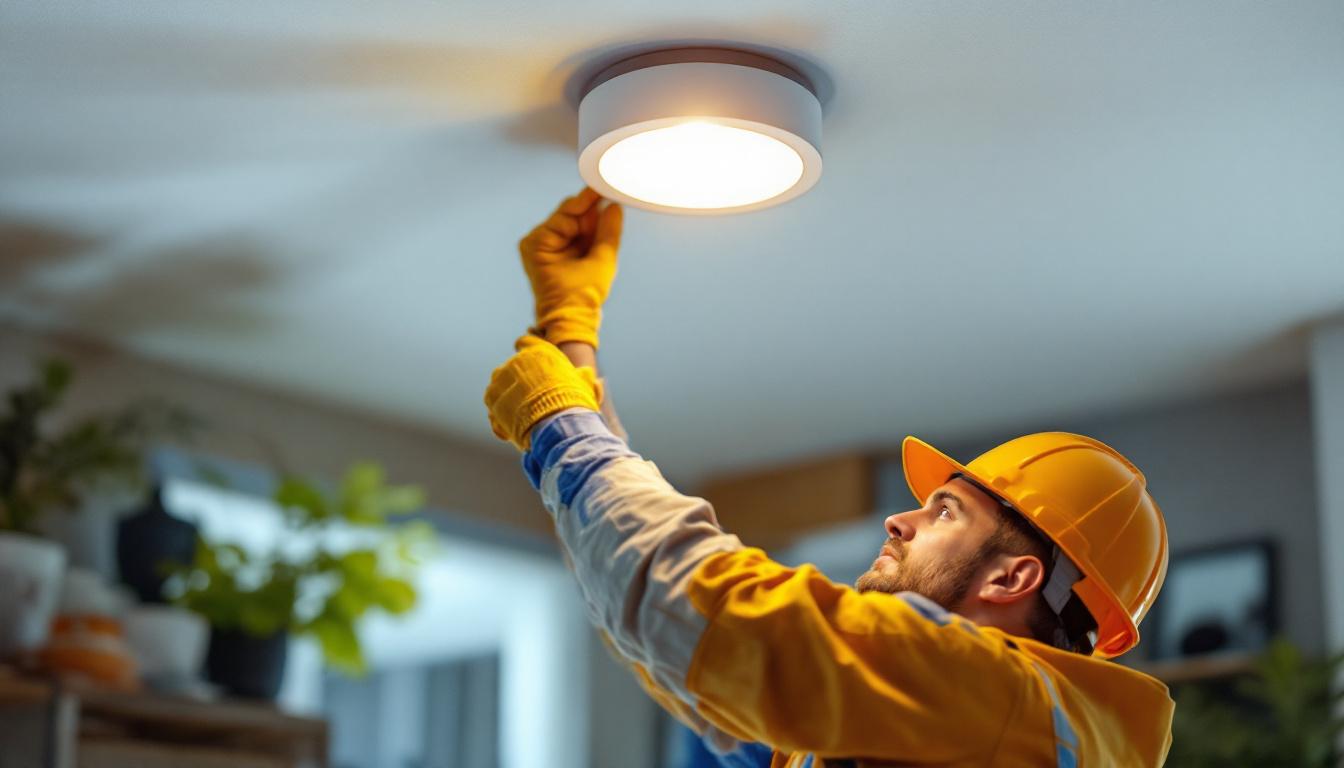 A photograph of a skilled lighting contractor installing a shallow can light housing in a modern home setting