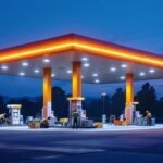 A photograph of a modern gas station illuminated by vibrant led lighting at dusk