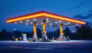 A photograph of a modern gas station illuminated by vibrant led lighting at dusk