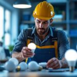 A photograph of a lighting contractor examining various led bulb types in a well-lit workspace