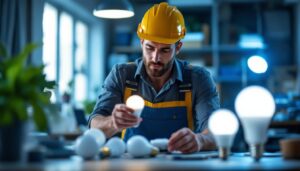 A photograph of a lighting contractor examining various led bulb types in a well-lit workspace