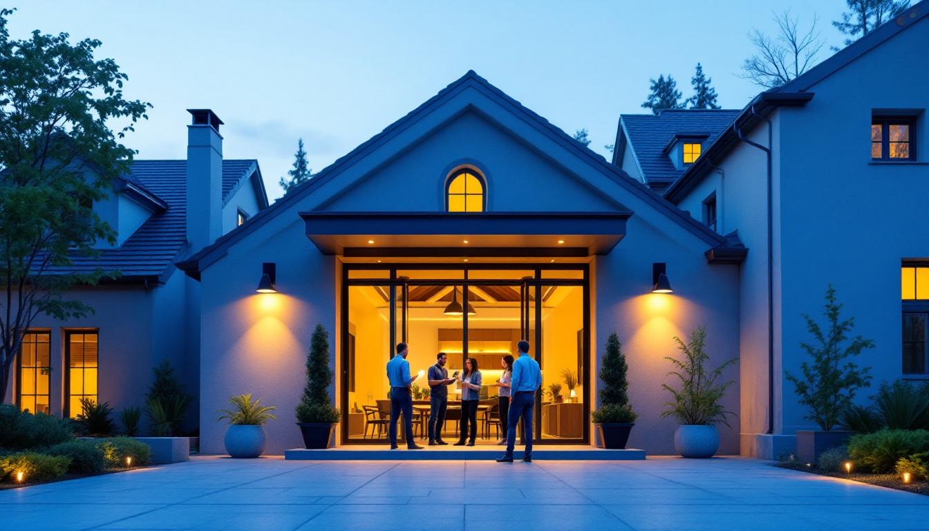 A photograph of a well-lit outdoor entryway showcasing a stylish lighting fixture