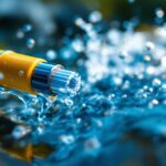 A photograph of a close-up shot of a waterproof cable in a dynamic outdoor setting